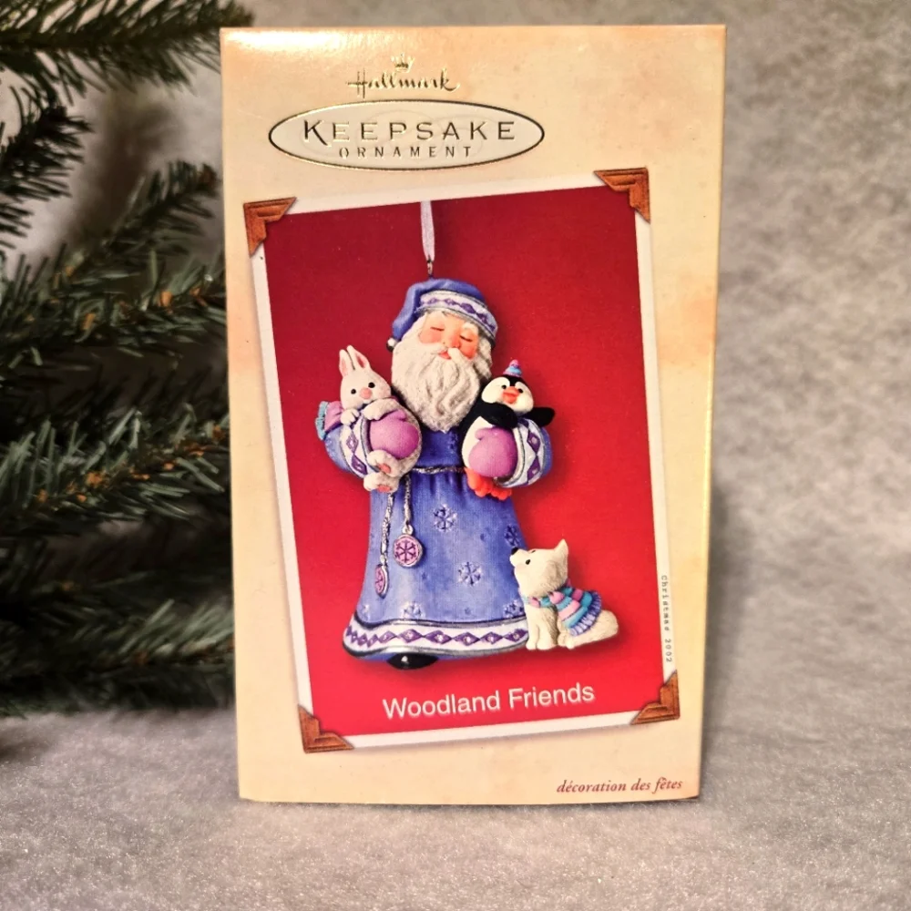 VTG '02 HALLMARK Woodland Friends Ornament Santa w Penguin Bunny Wolf, Orig Box